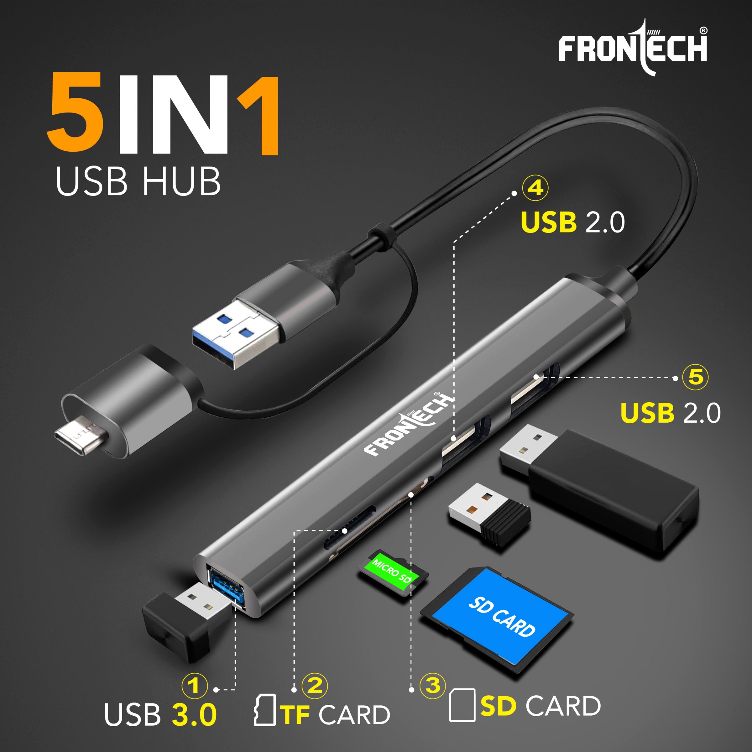 Frontech Type A+C 5 in 1 USB Hub, Upto 5GBPS DataTransfer Speed,Dedicated Card Reader & Micro SD Slot, Universally Compatible with All USB,Speaker,Laptop,Hard Drive,15cm Cable (NC-0040) Frontech Type A+C 5 in 1 USB Hub, Upto 5GBPS DataTransfer Speed,Dedicated Card Reader & Micro SD Slot, Universally Compatible with All USB,Speaker,Laptop,Hard Drive,15cm Cable (NC-0040)